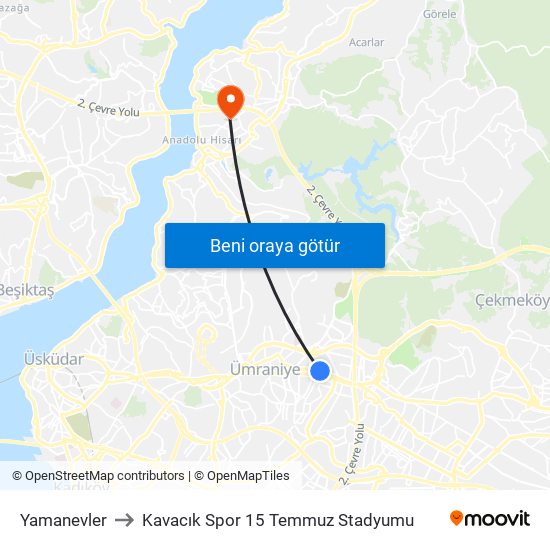 Yamanevler to Kavacık Spor 15 Temmuz Stadyumu map