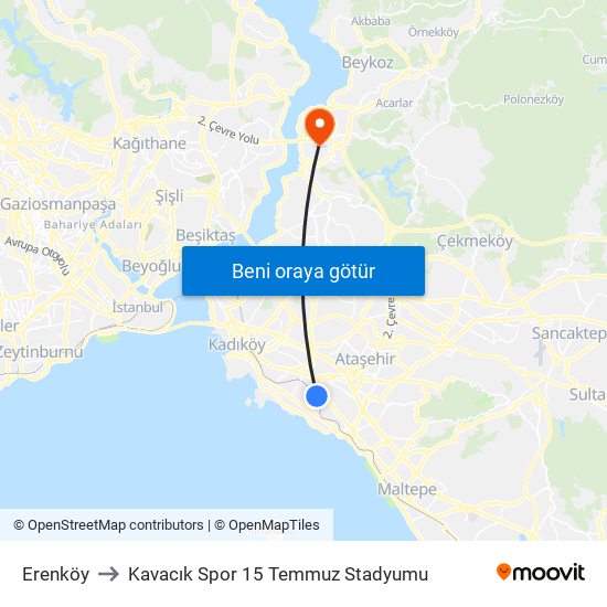 Erenköy to Kavacık Spor 15 Temmuz Stadyumu map