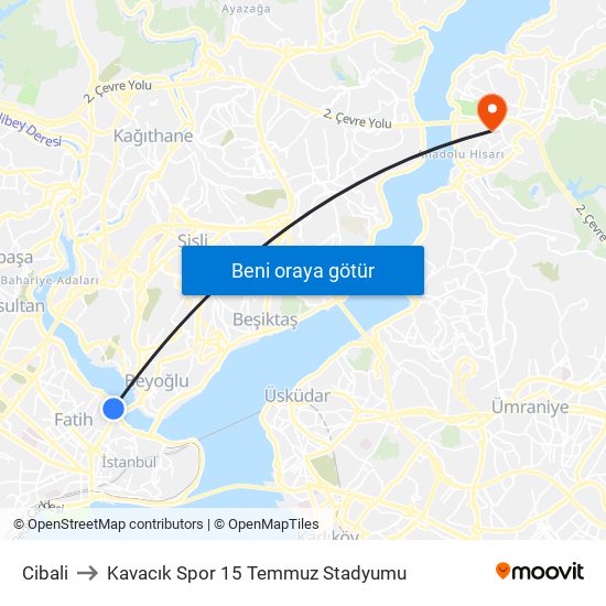 Cibali to Kavacık Spor 15 Temmuz Stadyumu map