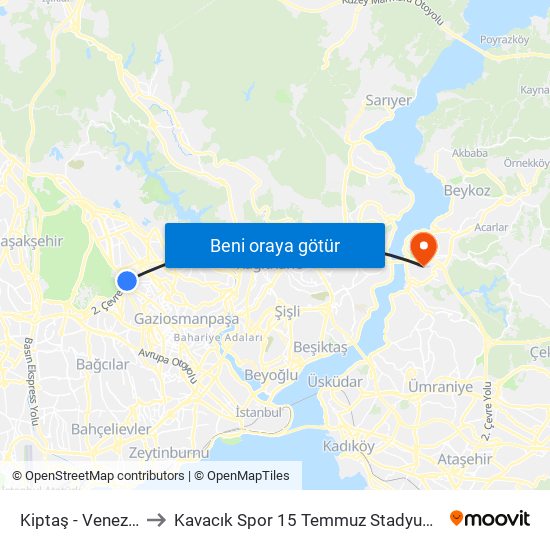 Kiptaş - Venezia to Kavacık Spor 15 Temmuz Stadyumu map