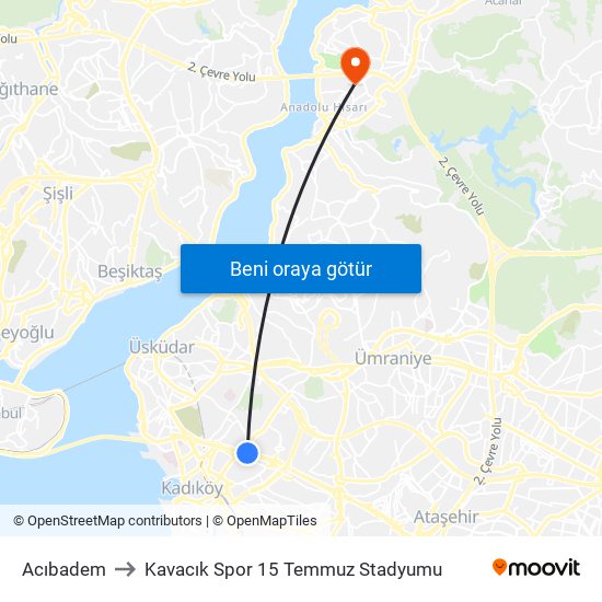 Acıbadem to Kavacık Spor 15 Temmuz Stadyumu map