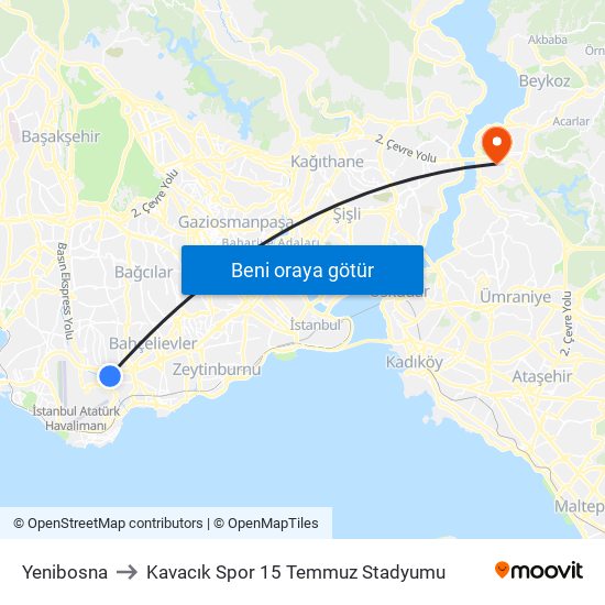 Yenibosna to Kavacık Spor 15 Temmuz Stadyumu map