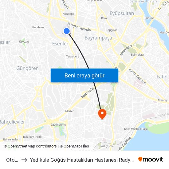 Otogar to Yedikule Göğüs Hastalıkları Hastanesi Radyoterapi Ünitesi map