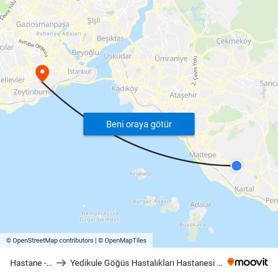 Hastane - Adliye to Yedikule Göğüs Hastalıkları Hastanesi Radyoterapi Ünitesi map