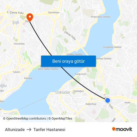 Altunizade to Tanfer Hastanesi map
