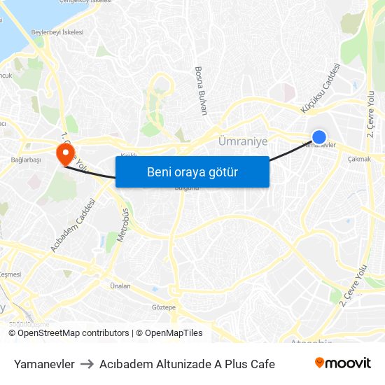 Yamanevler to Acıbadem Altunizade A Plus Cafe map