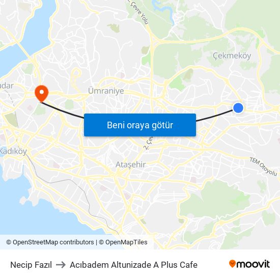 Necip Fazıl to Acıbadem Altunizade A Plus Cafe map