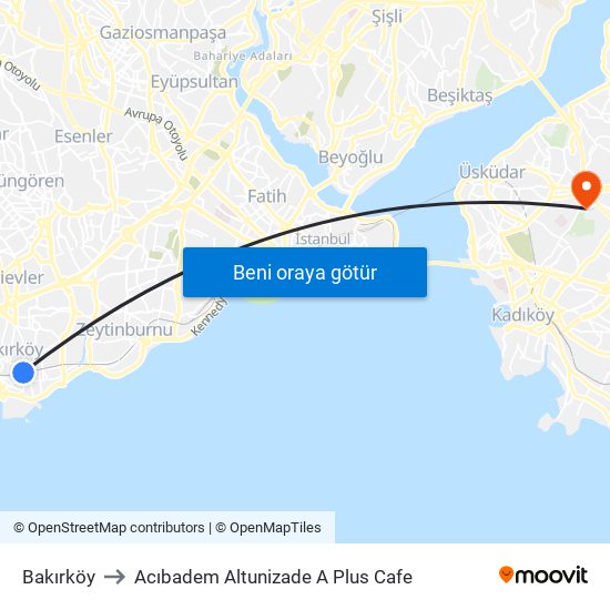 Bakırköy to Acıbadem Altunizade A Plus Cafe map