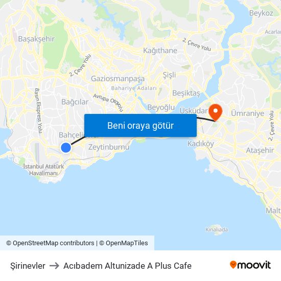 Şirinevler to Acıbadem Altunizade A Plus Cafe map