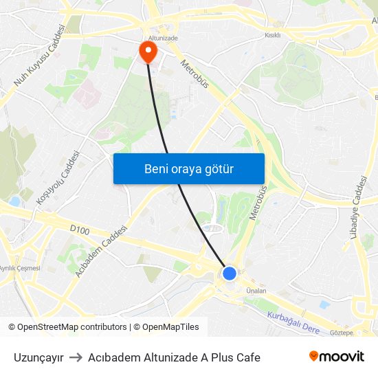 Uzunçayır to Acıbadem Altunizade A Plus Cafe map