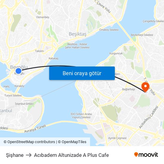 Şişhane to Acıbadem Altunizade A Plus Cafe map