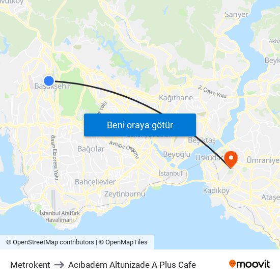 Metrokent to Acıbadem Altunizade A Plus Cafe map