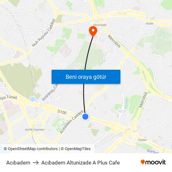 Acıbadem to Acıbadem Altunizade A Plus Cafe map