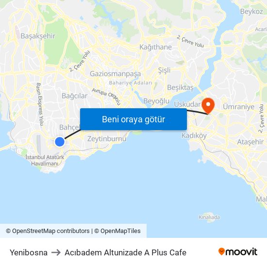 Yenibosna to Acıbadem Altunizade A Plus Cafe map