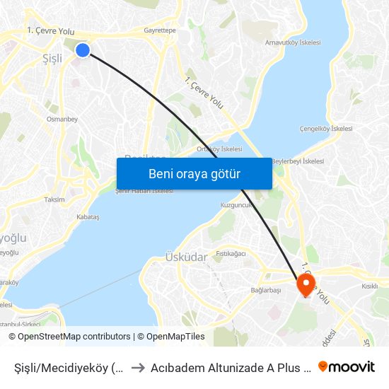 Şişli/Mecidiyeköy (M2) to Acıbadem Altunizade A Plus Cafe map