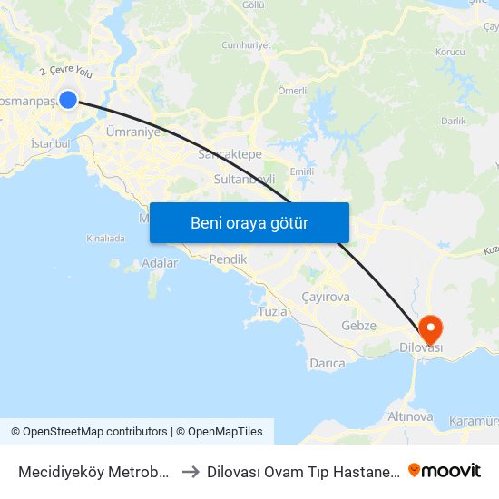 Mecidiyeköy Metrobus to Dilovası Ovam Tıp Hastanesi map