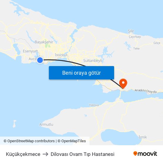 Küçükçekmece to Dilovası Ovam Tıp Hastanesi map