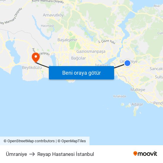 Ümraniye to Reyap Hastanesi İstanbul map