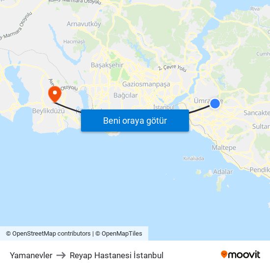 Yamanevler to Reyap Hastanesi İstanbul map