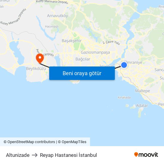Altunizade to Reyap Hastanesi İstanbul map