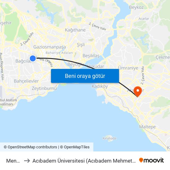 Menderes to Acıbadem Üniversitesi (Acıbadem Mehmet Ali Aydınlar Üniversitesi) map