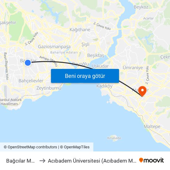 Bağcılar Meydan (M1b) to Acıbadem Üniversitesi (Acıbadem Mehmet Ali Aydınlar Üniversitesi) map