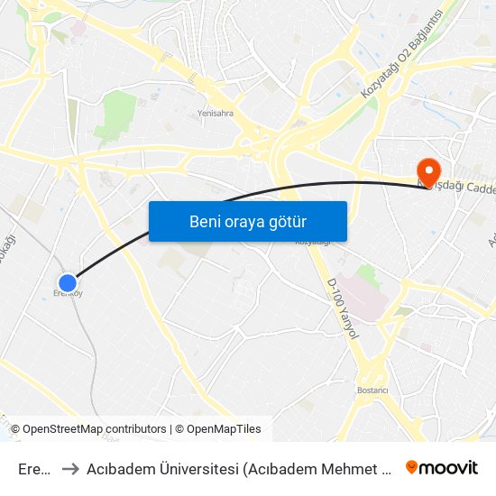 Erenköy to Acıbadem Üniversitesi (Acıbadem Mehmet Ali Aydınlar Üniversitesi) map