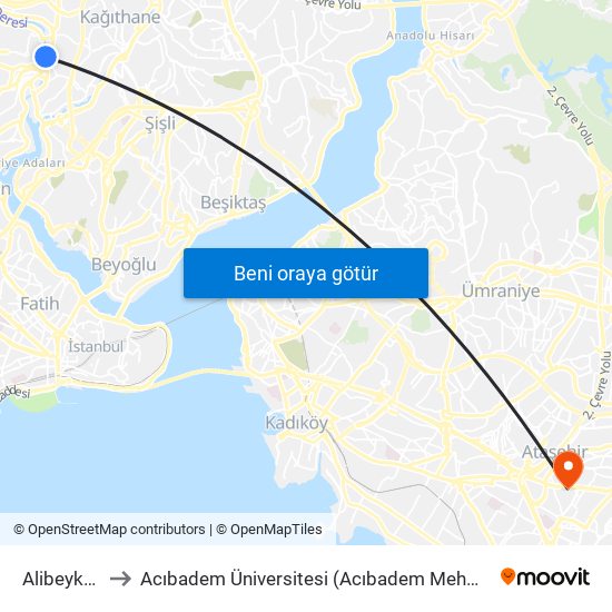 Alibeyköy (M7) to Acıbadem Üniversitesi (Acıbadem Mehmet Ali Aydınlar Üniversitesi) map