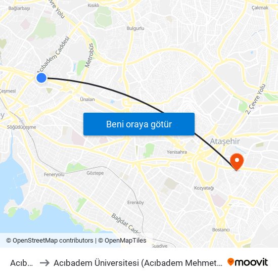 Acıbadem to Acıbadem Üniversitesi (Acıbadem Mehmet Ali Aydınlar Üniversitesi) map