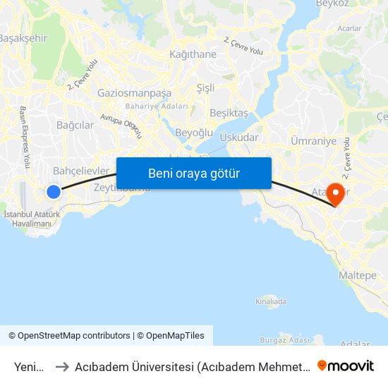 Yenibosna to Acıbadem Üniversitesi (Acıbadem Mehmet Ali Aydınlar Üniversitesi) map