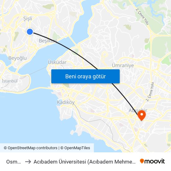 Osmanbey to Acıbadem Üniversitesi (Acıbadem Mehmet Ali Aydınlar Üniversitesi) map