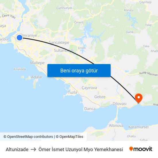 Altunizade to Ömer İsmet Uzunyol Myo Yemekhanesi map