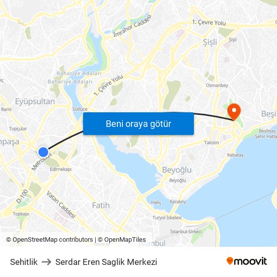 Sehitlik to Serdar Eren Saglik Merkezi map