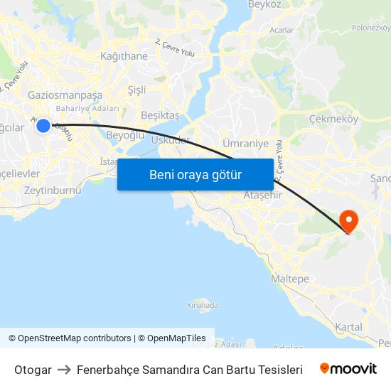 Otogar to Fenerbahçe Samandıra Can Bartu Tesisleri map