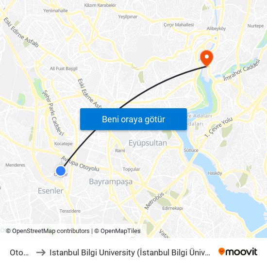Otogar to Istanbul Bilgi University (İstanbul Bilgi Üniversitesi) map