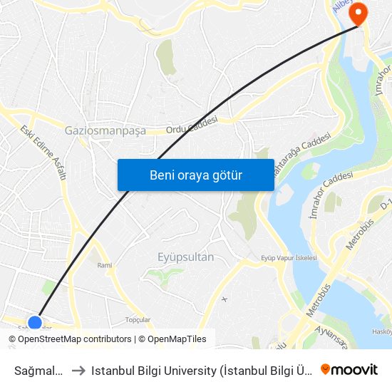 Sağmalcılar to Istanbul Bilgi University (İstanbul Bilgi Üniversitesi) map