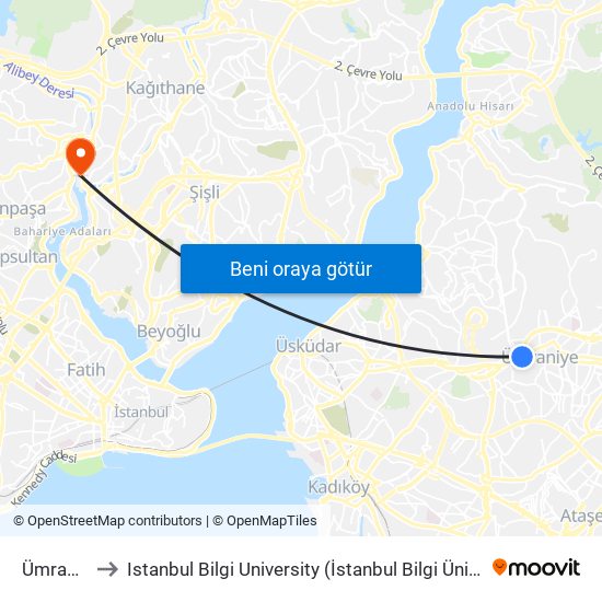 Ümraniye to Istanbul Bilgi University (İstanbul Bilgi Üniversitesi) map