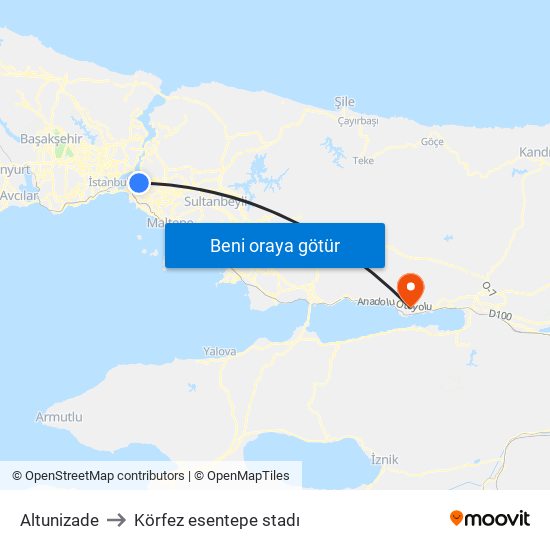Altunizade to Körfez esentepe stadı map