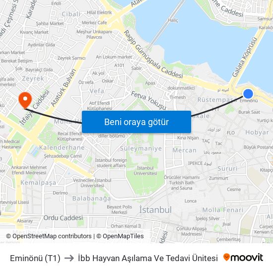 Eminönü (T1) to İbb Hayvan Aşılama Ve Tedavi Ünitesi map