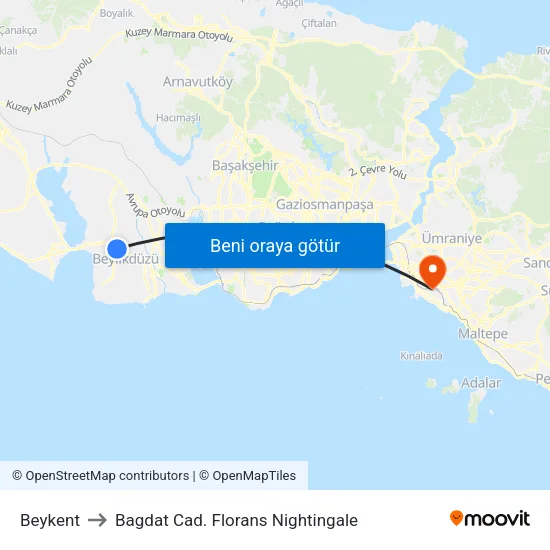 Beykent to Bagdat Cad. Florans Nightingale map