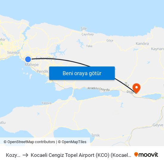 Kozyatağı to Kocaeli Cengiz Topel Airport (KCO) (Kocaeli Cengiz Topel Havalimanı) map