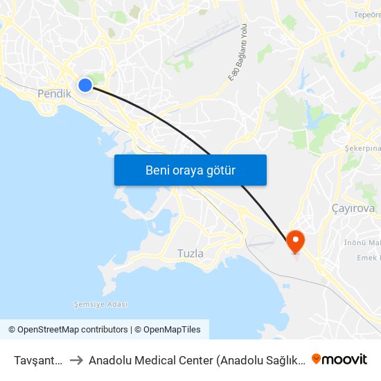 Tavşantepe to Anadolu Medical Center (Anadolu Sağlık Merkezi) map