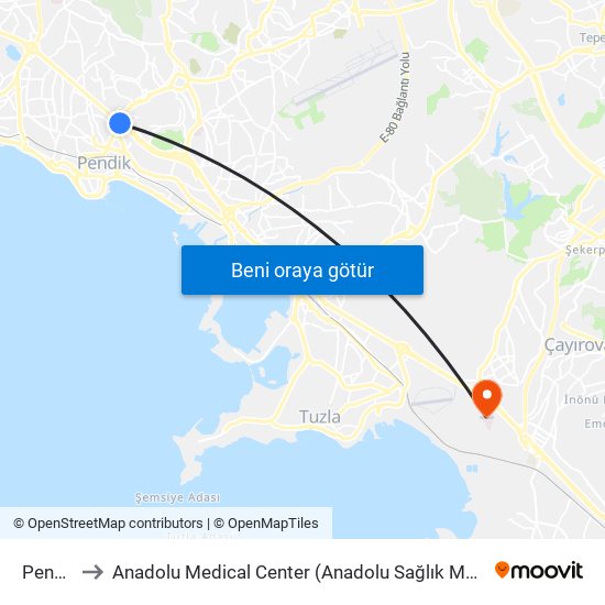 Pendik to Anadolu Medical Center (Anadolu Sağlık Merkezi) map