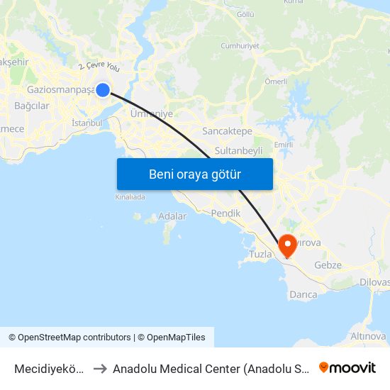 Mecidiyeköy (M7) to Anadolu Medical Center (Anadolu Sağlık Merkezi) map