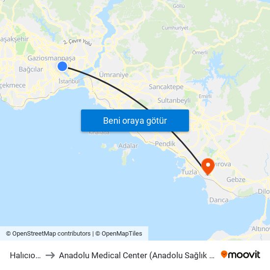 Halıcıoğlu to Anadolu Medical Center (Anadolu Sağlık Merkezi) map