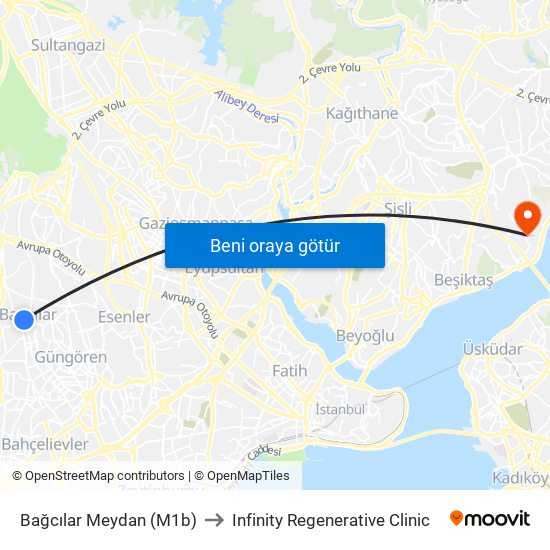 Bağcılar Meydan (M1b) to Infinity Regenerative Clinic map