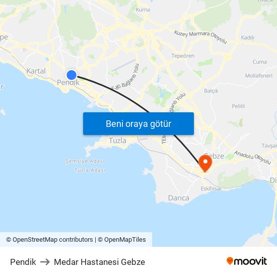 Pendik to Medar Hastanesi Gebze map