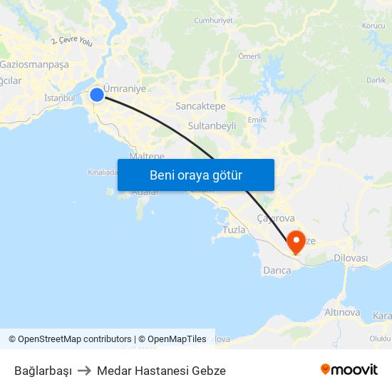 Bağlarbaşı to Medar Hastanesi Gebze map