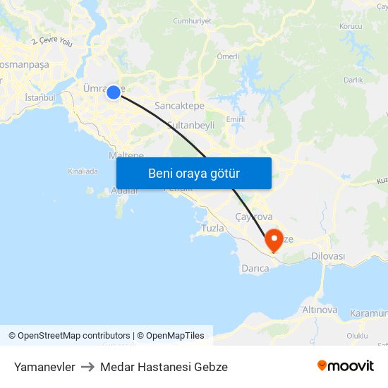 Yamanevler to Medar Hastanesi Gebze map