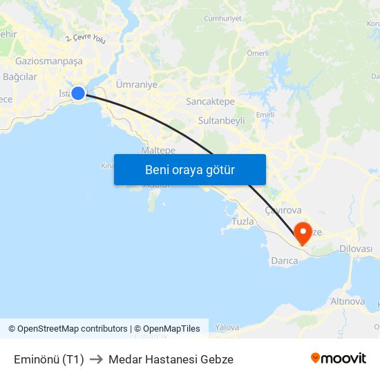 Eminönü (T1) to Medar Hastanesi Gebze map